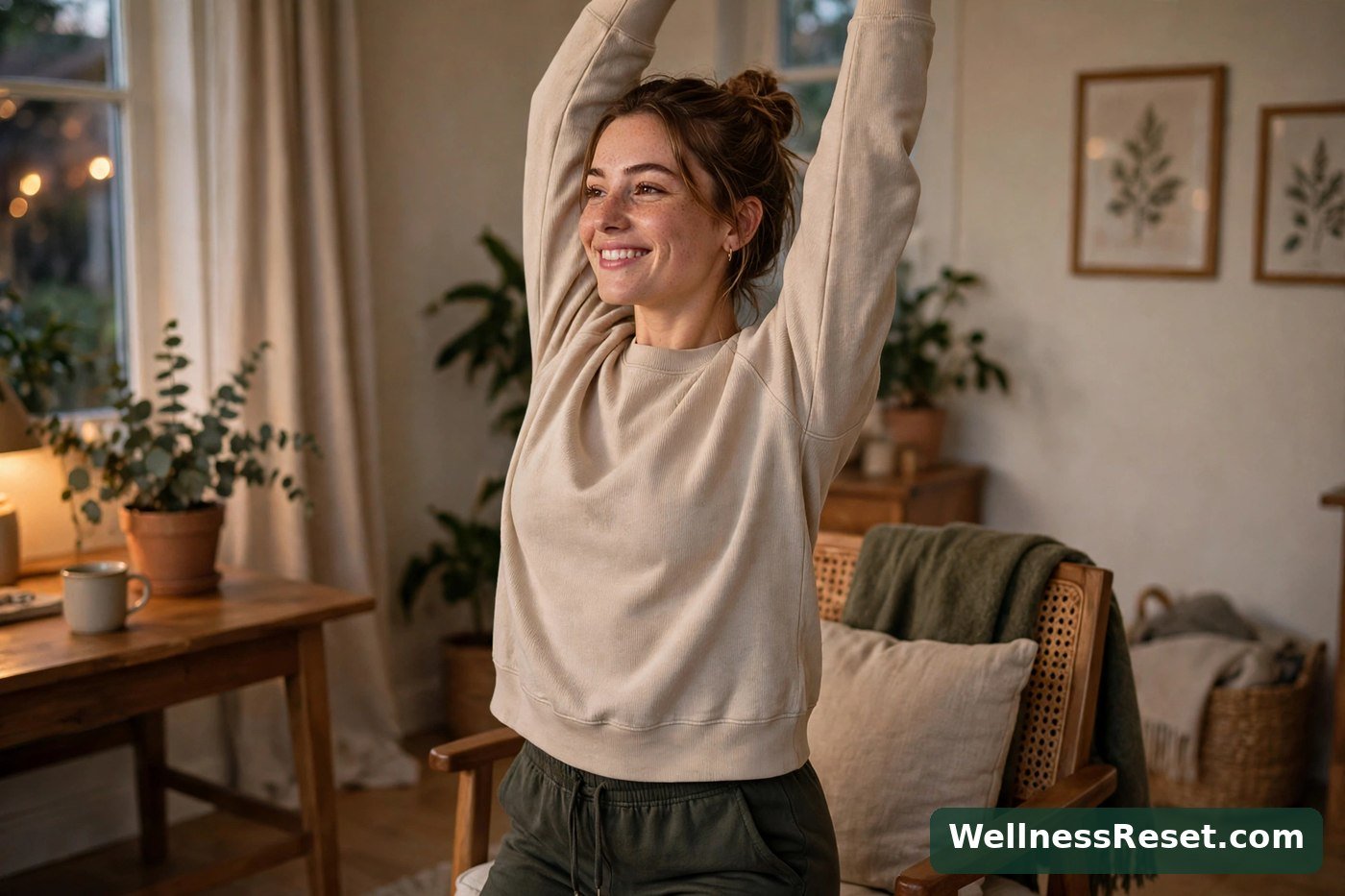 Standing up from the chair with arms overhead after the routine — WellnessReset.com
