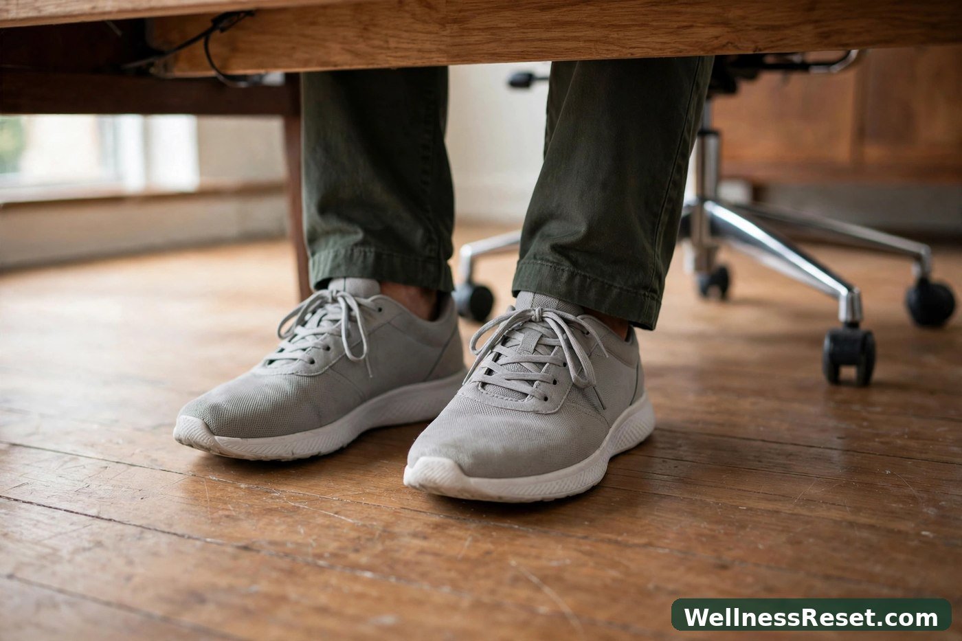 Feet flat on floor under desk