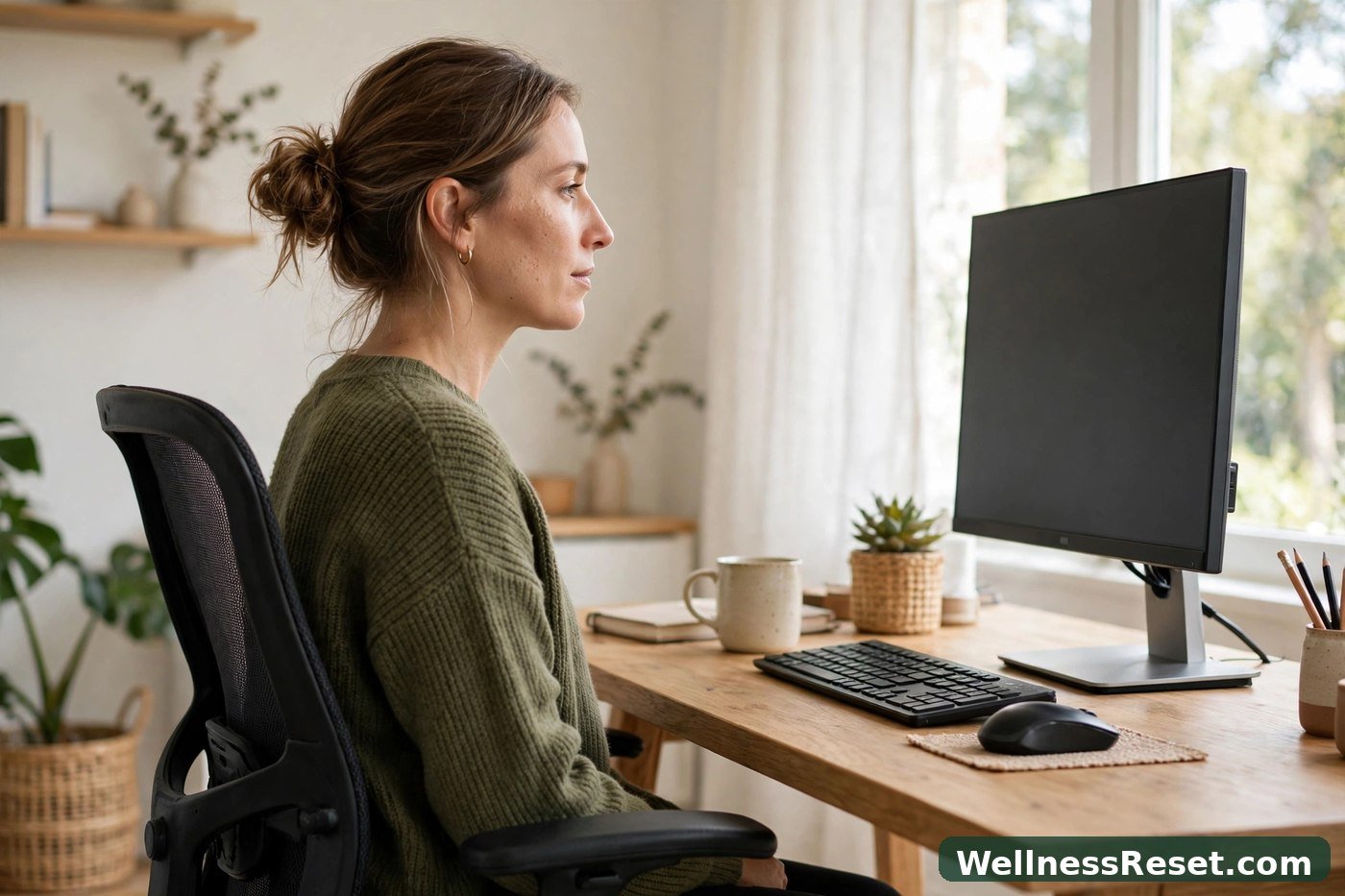 Person sitting at desk with good posture, monitor at eye level