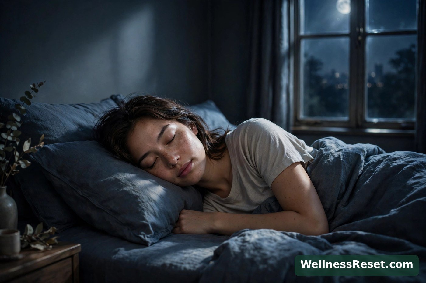Person sleeping peacefully in a calm dark bedroom — Wellness Reset