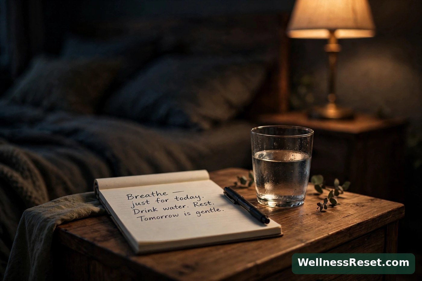 Notepad and pen on a nightstand in dim light — Wellness Reset