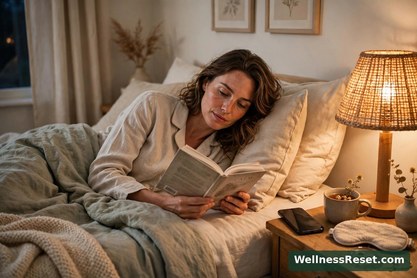 Woman reading a book in bed with her phone face-down — Wellness Reset