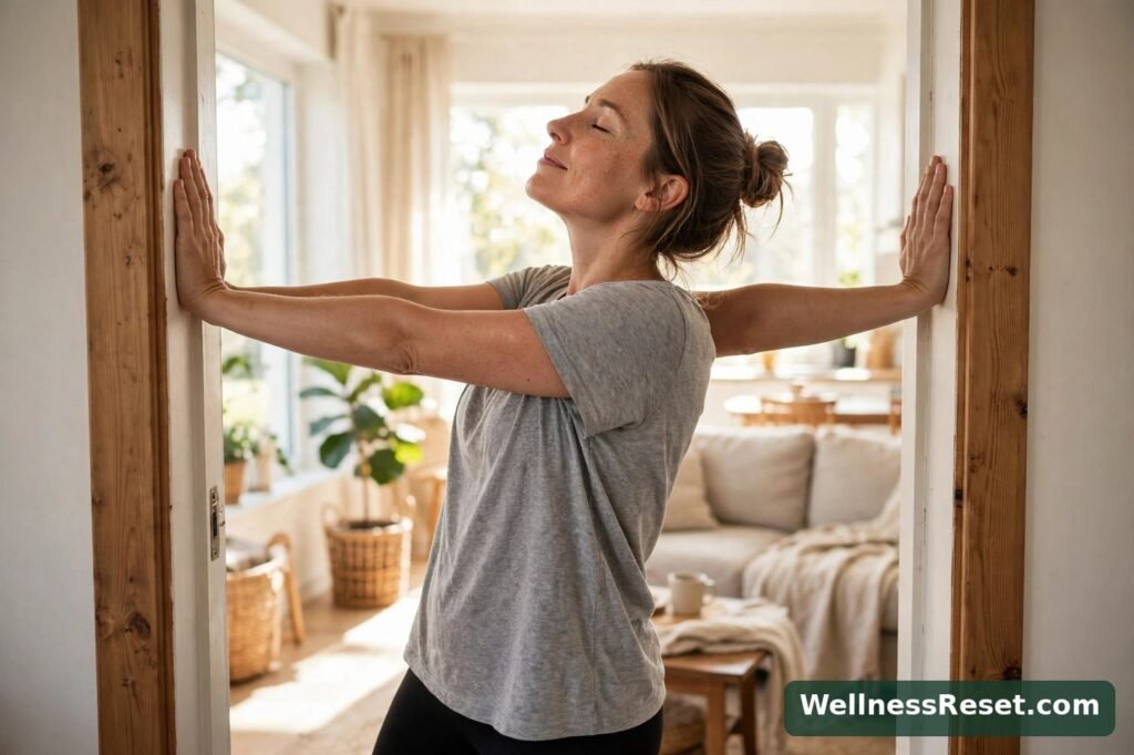Woman doing a doorway chest opener stretch — Wellness Reset