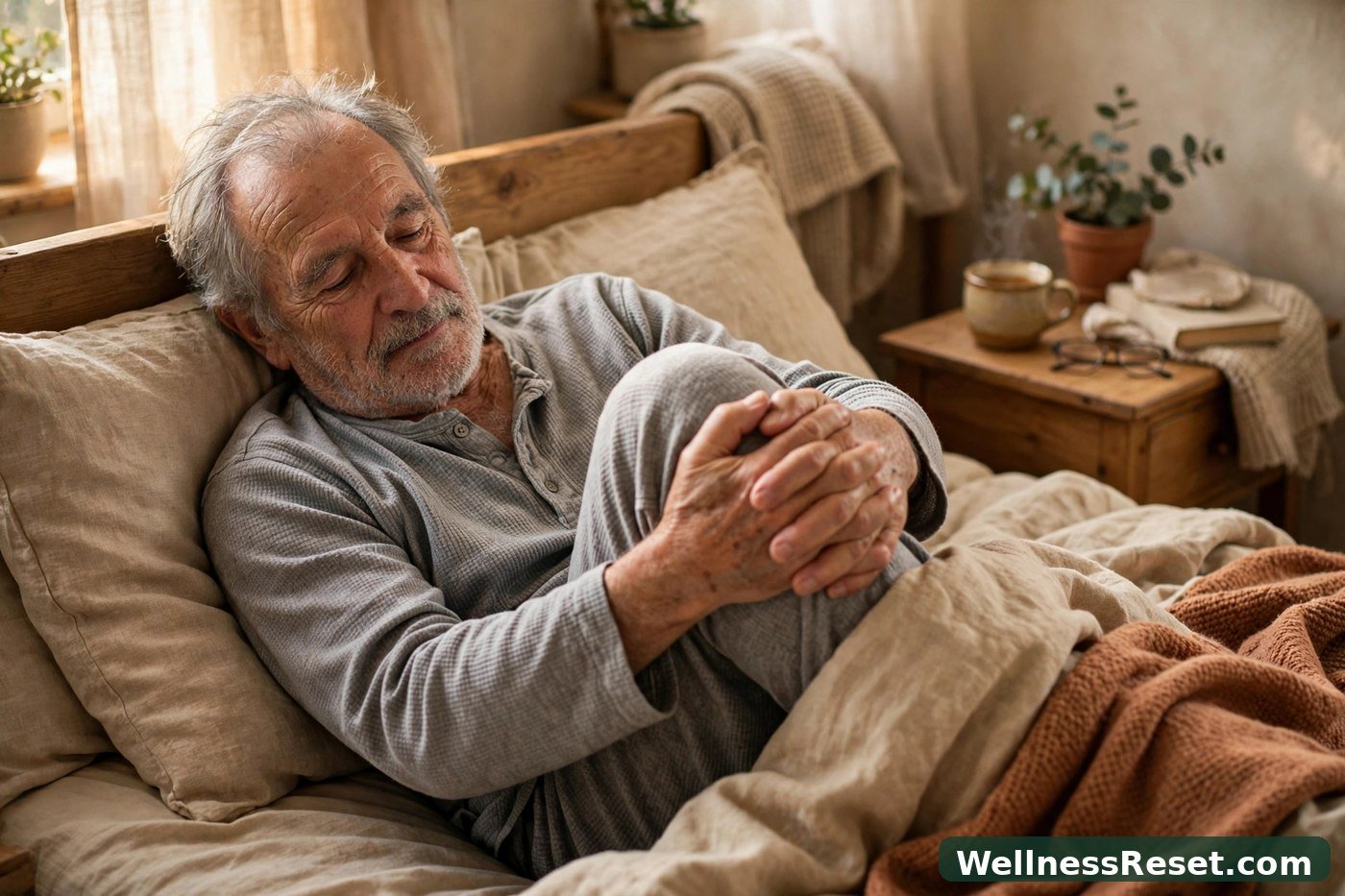 Older man doing knee-to-chest stretch in bed