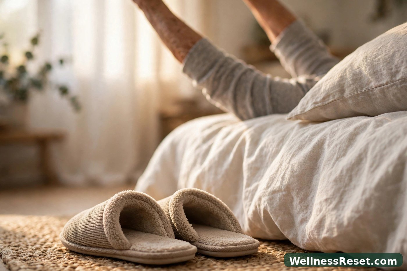 Slippers beside bed with stretched arms visible