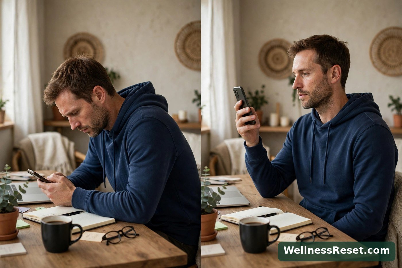 Phone neck posture versus corrected upright posture at a desk — Wellness Reset