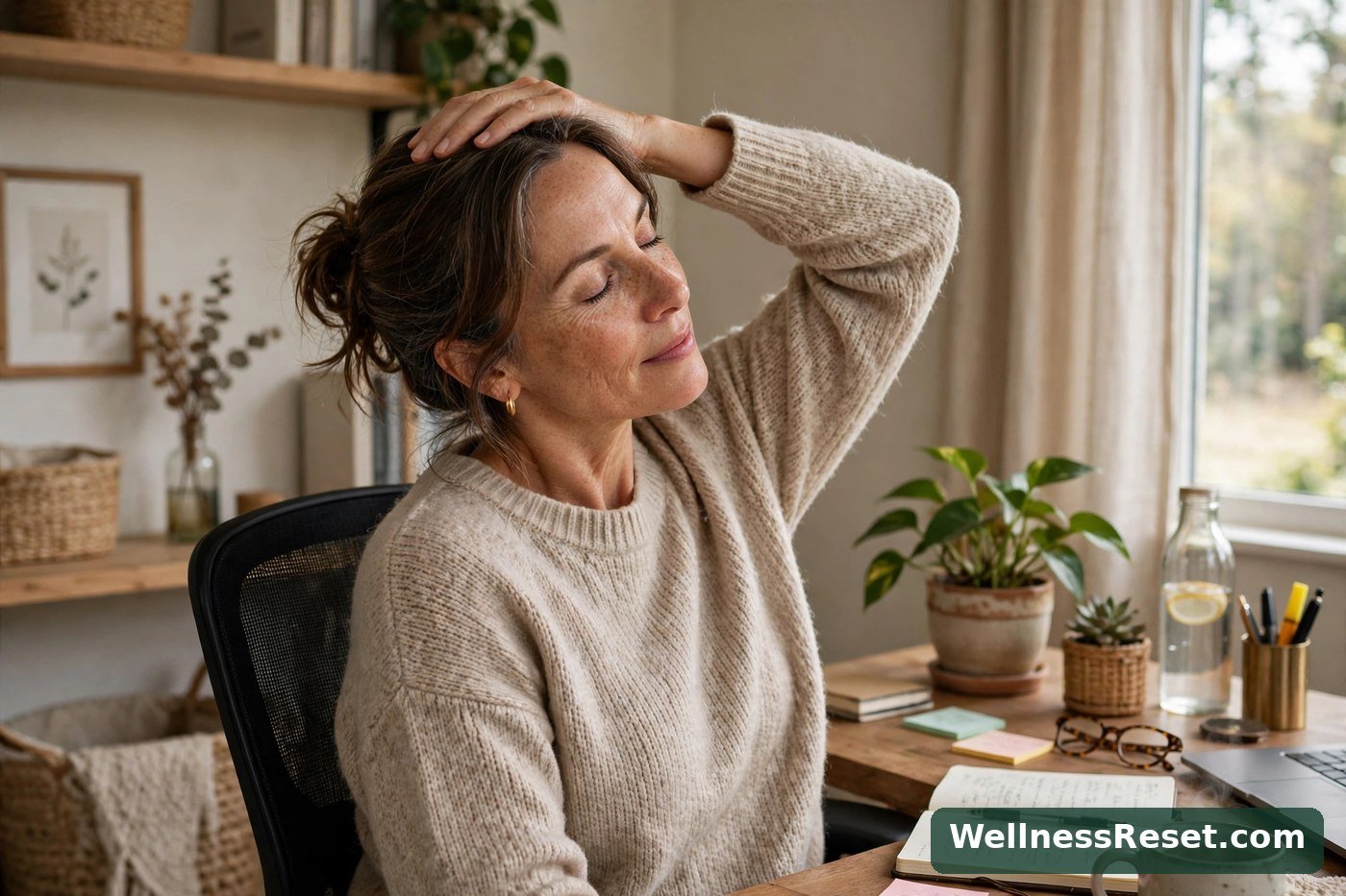Woman doing a gentle ear-to-shoulder neck stretch in an office chair — Wellness Reset
