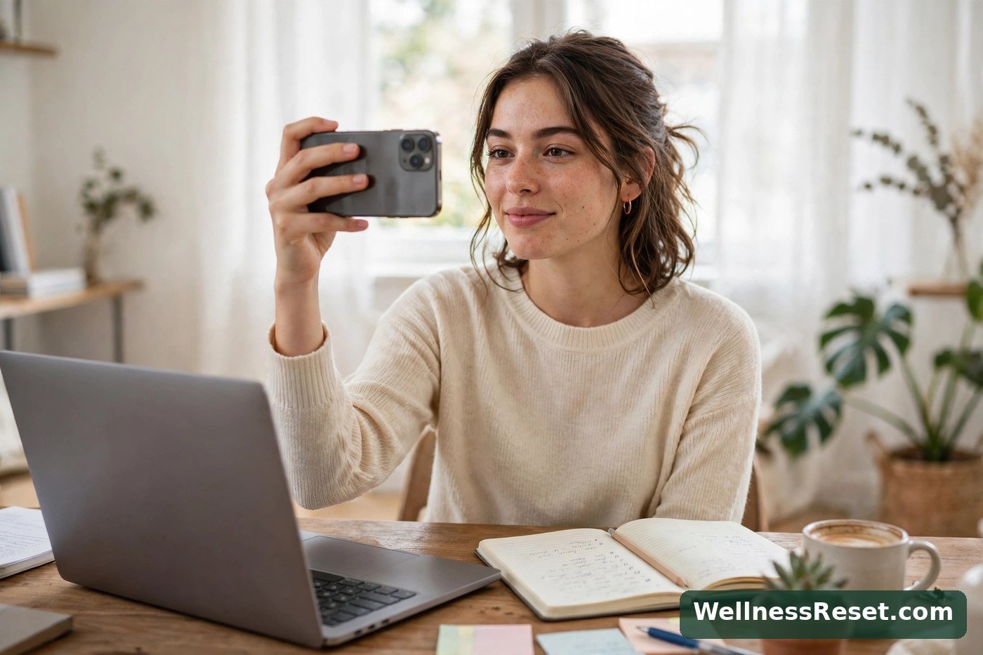 Woman holding her phone at eye level with good posture — Wellness Reset