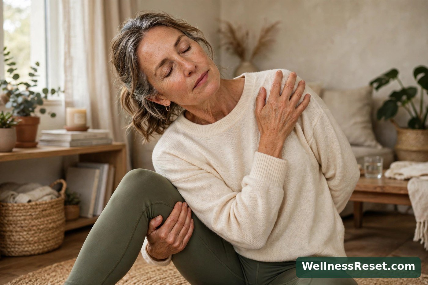 Woman doing a seated upper trapezius stretch — Wellness Reset