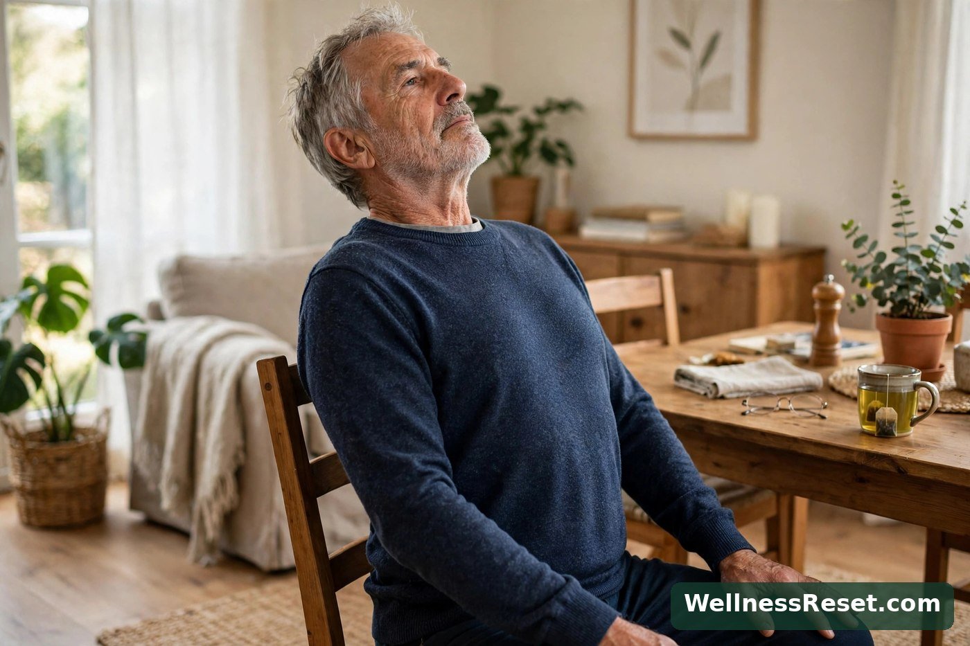 Older man doing seated cat-cow on a chair — Wellness Reset