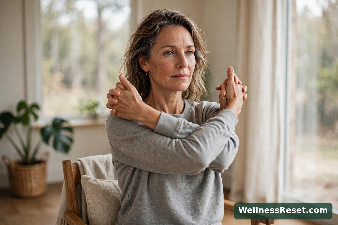 Woman doing seated eagle arms — Wellness Reset