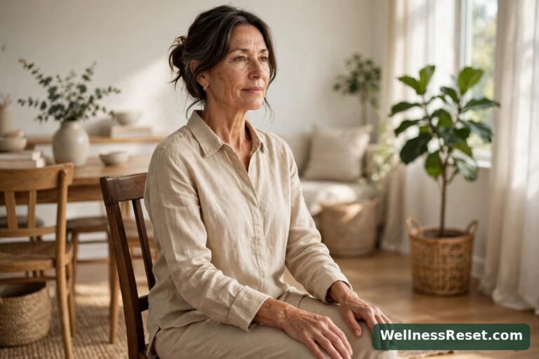 Woman sitting tall in seated mountain pose on a dining chair — Wellness Reset