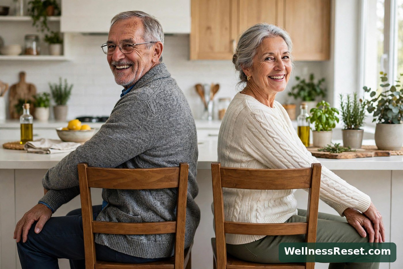 Senior couple doing a seated spinal twist together — Wellness Reset