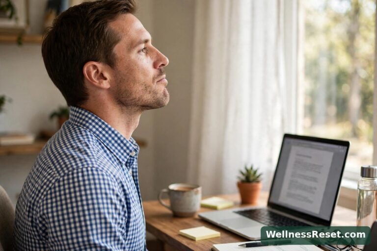 Man doing a chin tuck exercise at his desk — Wellness Reset