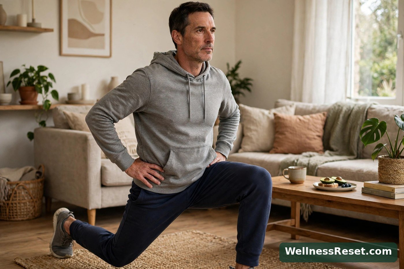 Man doing a standing hip flexor stretch in a lunge — Wellness Reset