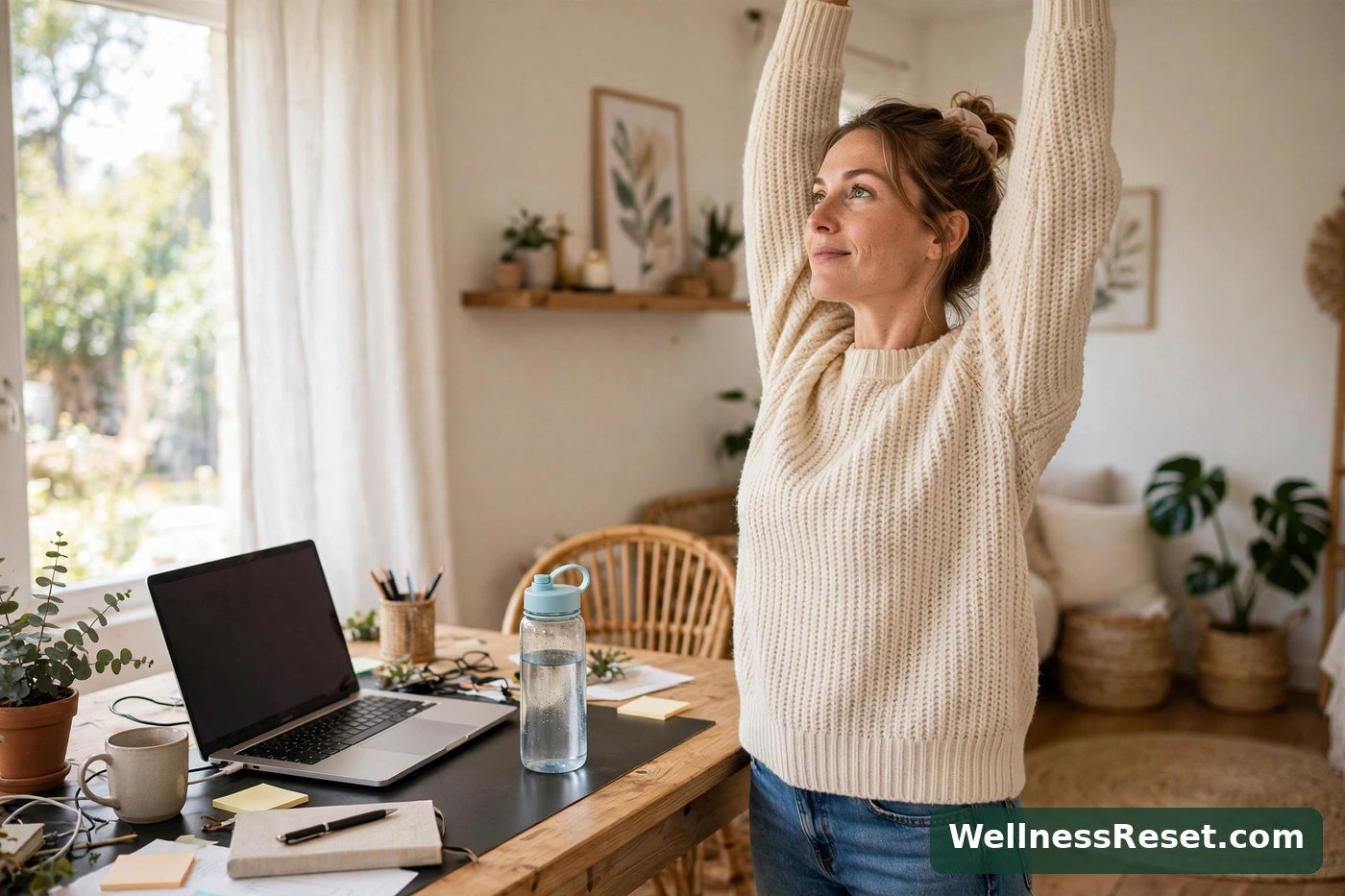 Woman standing at her desk stretching arms overhead — Wellness Reset