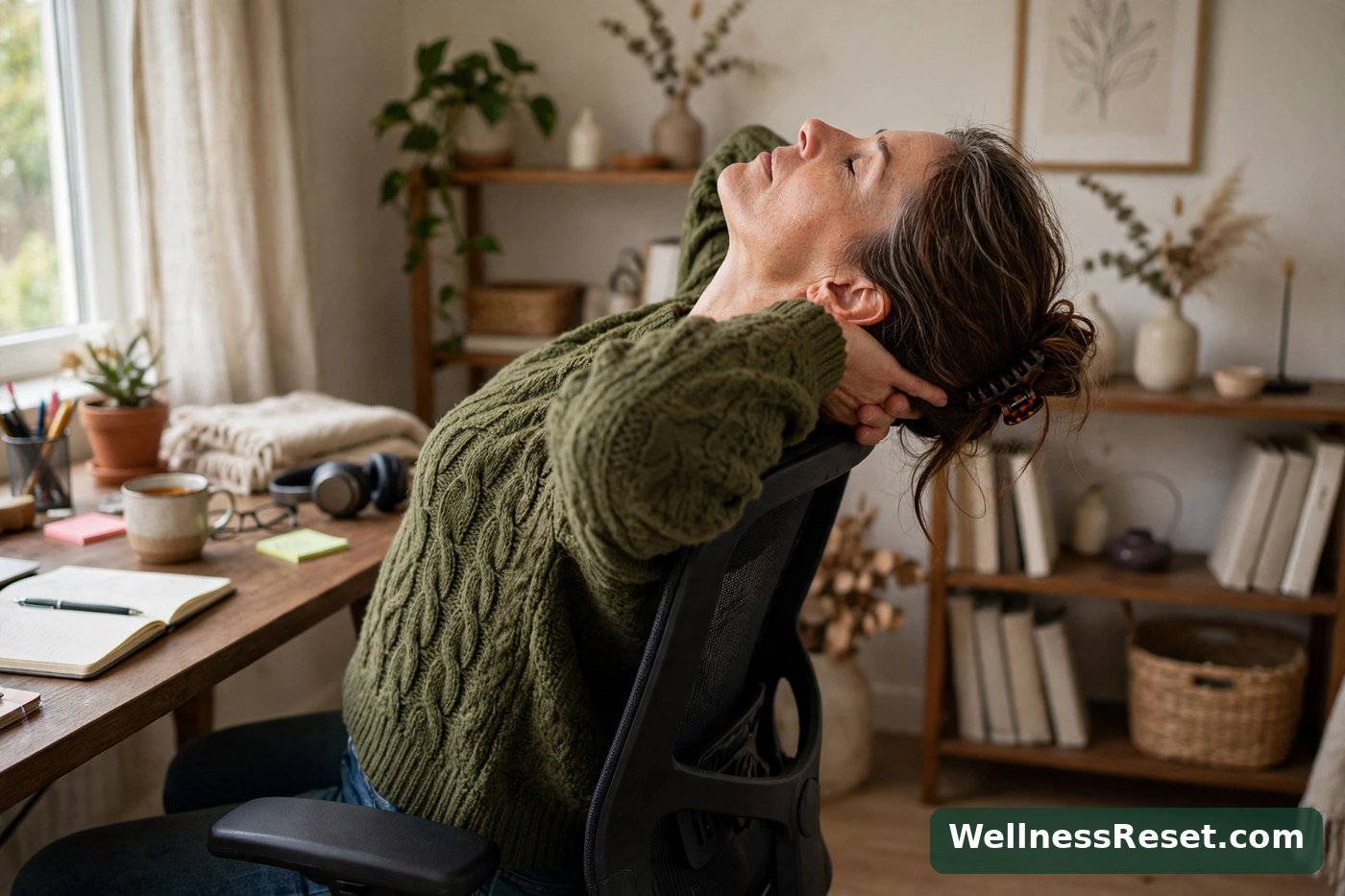 Woman leaning back over a chair for a thoracic extension stretch — Wellness Reset