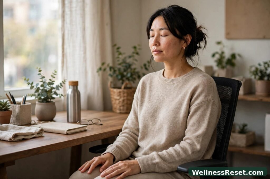 Seated meditation at a desk during a break