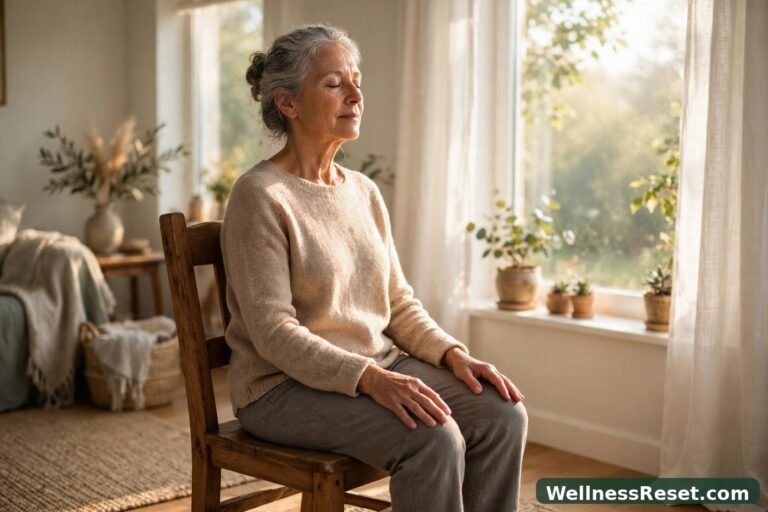 Older adult meditating on a chair by a window