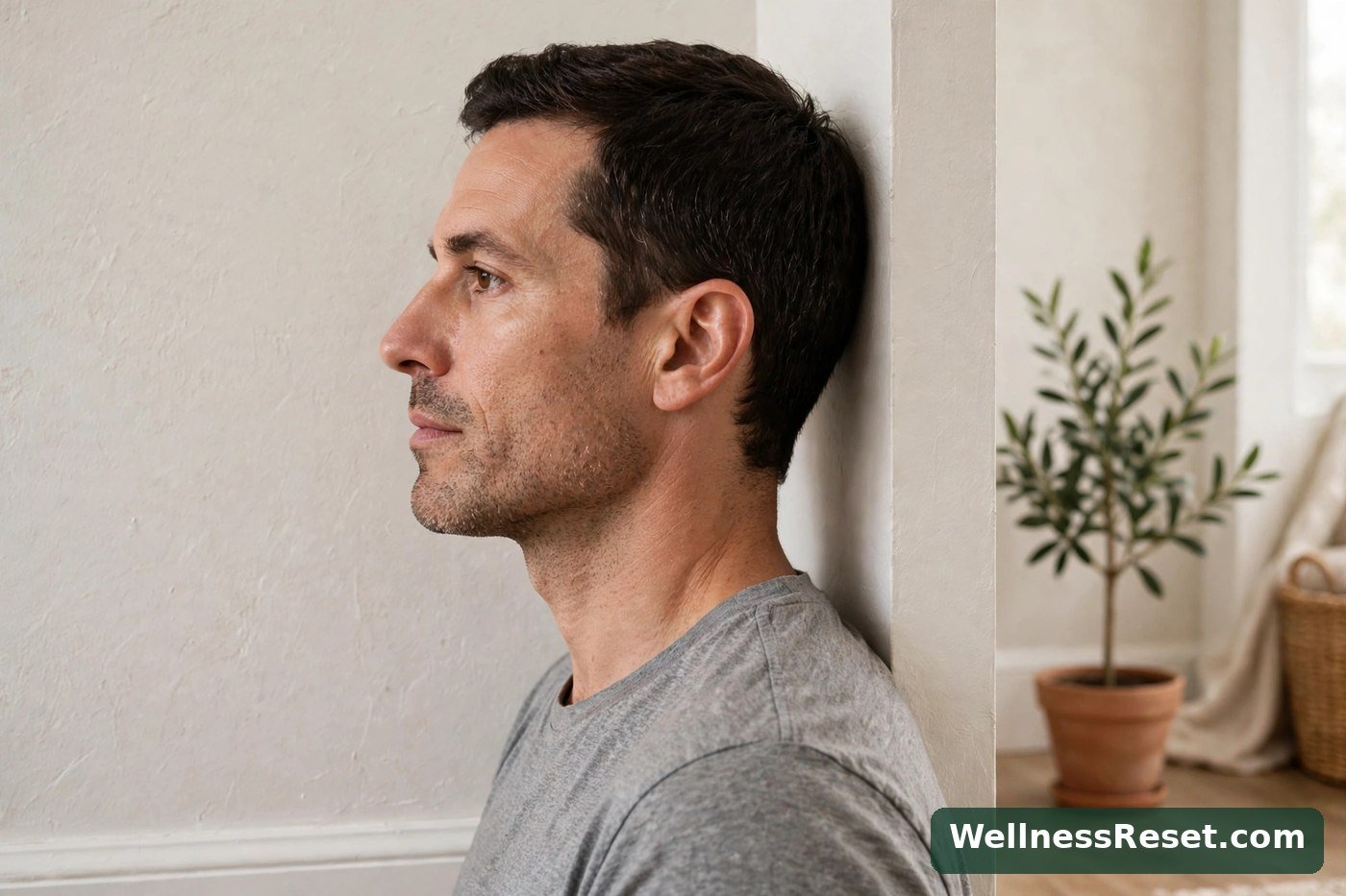 Man doing a chin tuck against a wall, side profile — WellnessReset.com