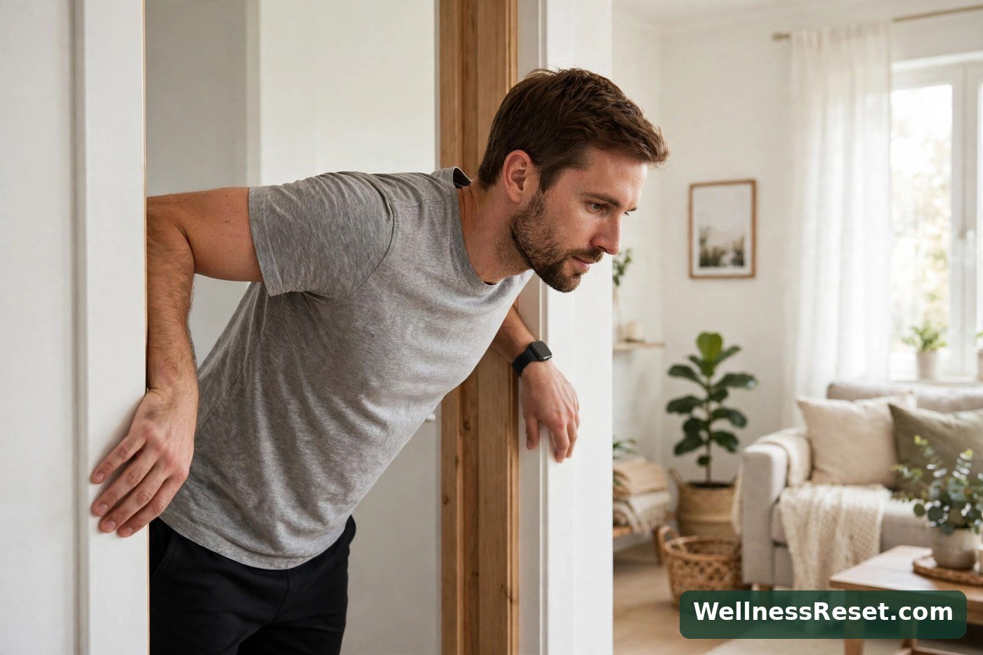 Man doing a doorway chest stretch at home — WellnessReset.com