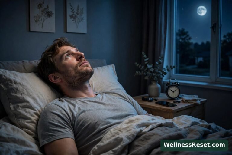 Man lying awake at night while his phone rests on the nightstand — Wellness Reset