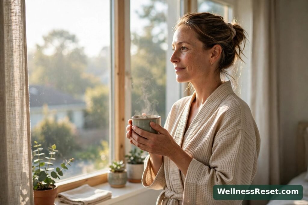 Woman with a cup of tea by a bright morning window — Wellness Reset