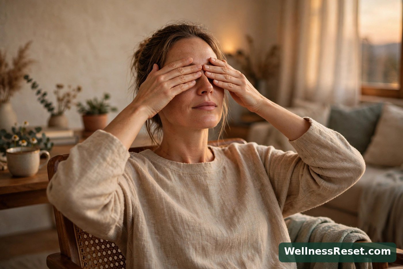 Woman resting her palms over her closed eyes — Wellness Reset