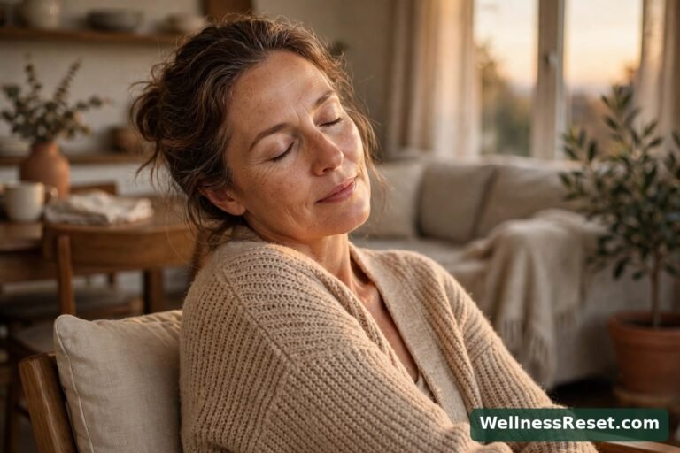 Woman with eyes closed doing a slow shoulder roll in a chair — Wellness Reset