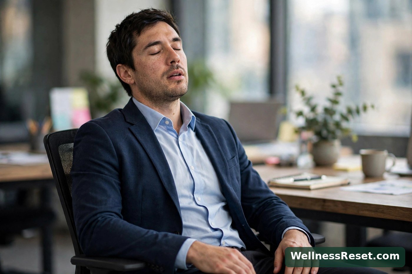 Man dropping his shoulders with a sigh of relief in an office chair — Wellness Reset