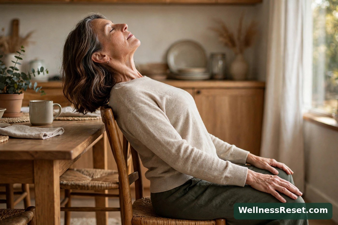 Woman doing a slow seated spinal wave on a chair — Wellness Reset