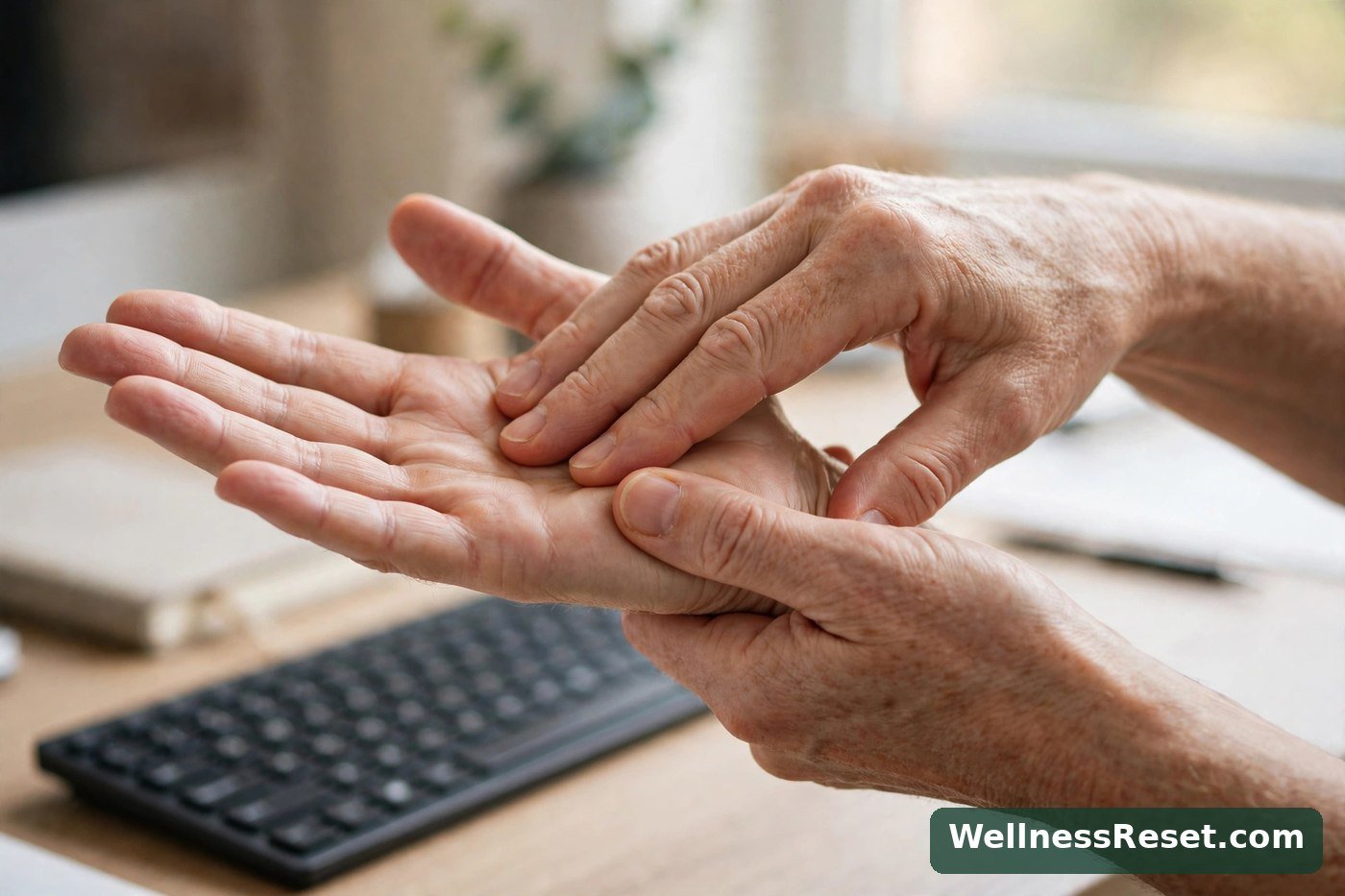 Close-up of hands doing a gentle wrist stretch — Wellness Reset