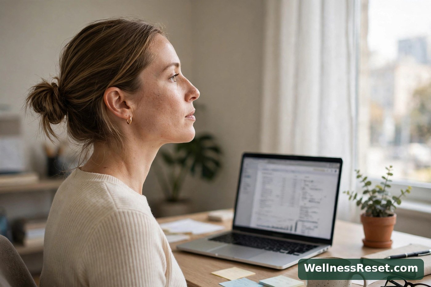 Woman doing chin tucks at her desk, side profile — Wellness Reset