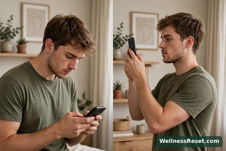 Phone held low with poor posture versus raised to eye level — Wellness Reset