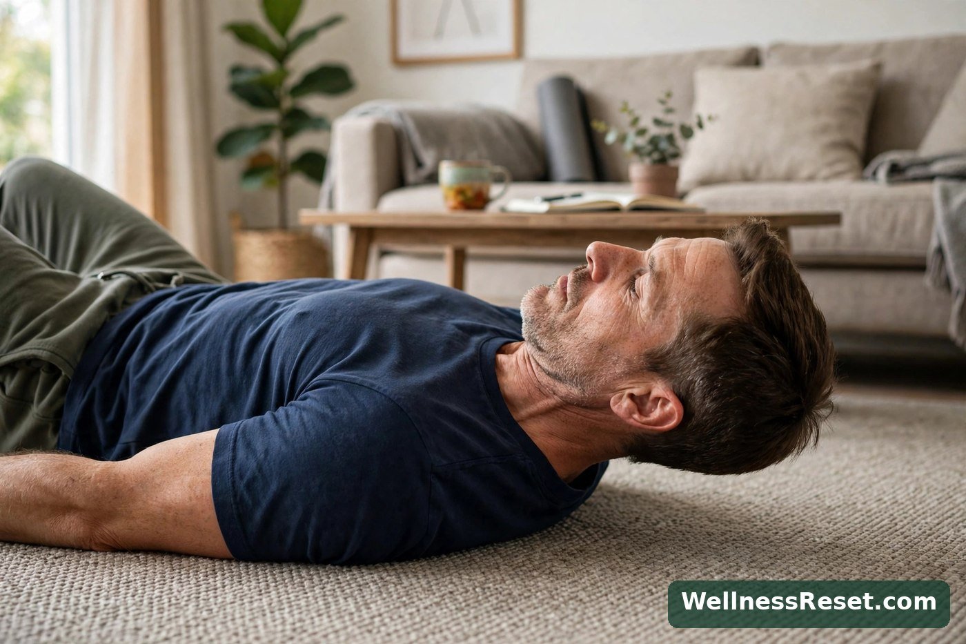 Man doing a chin tuck head lift lying on the floor — Wellness Reset