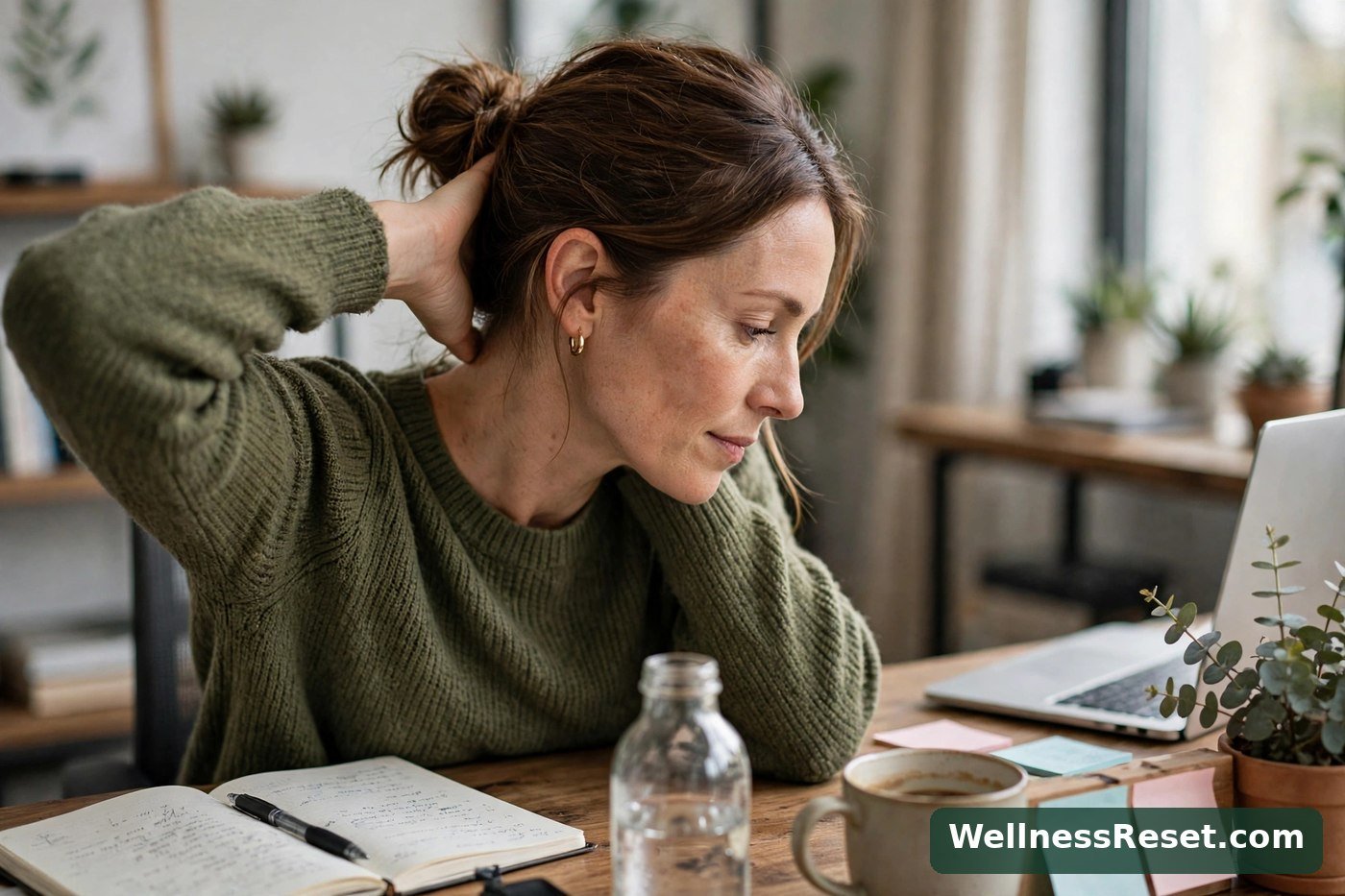 Woman doing a levator scapulae neck stretch at her desk — Wellness Reset