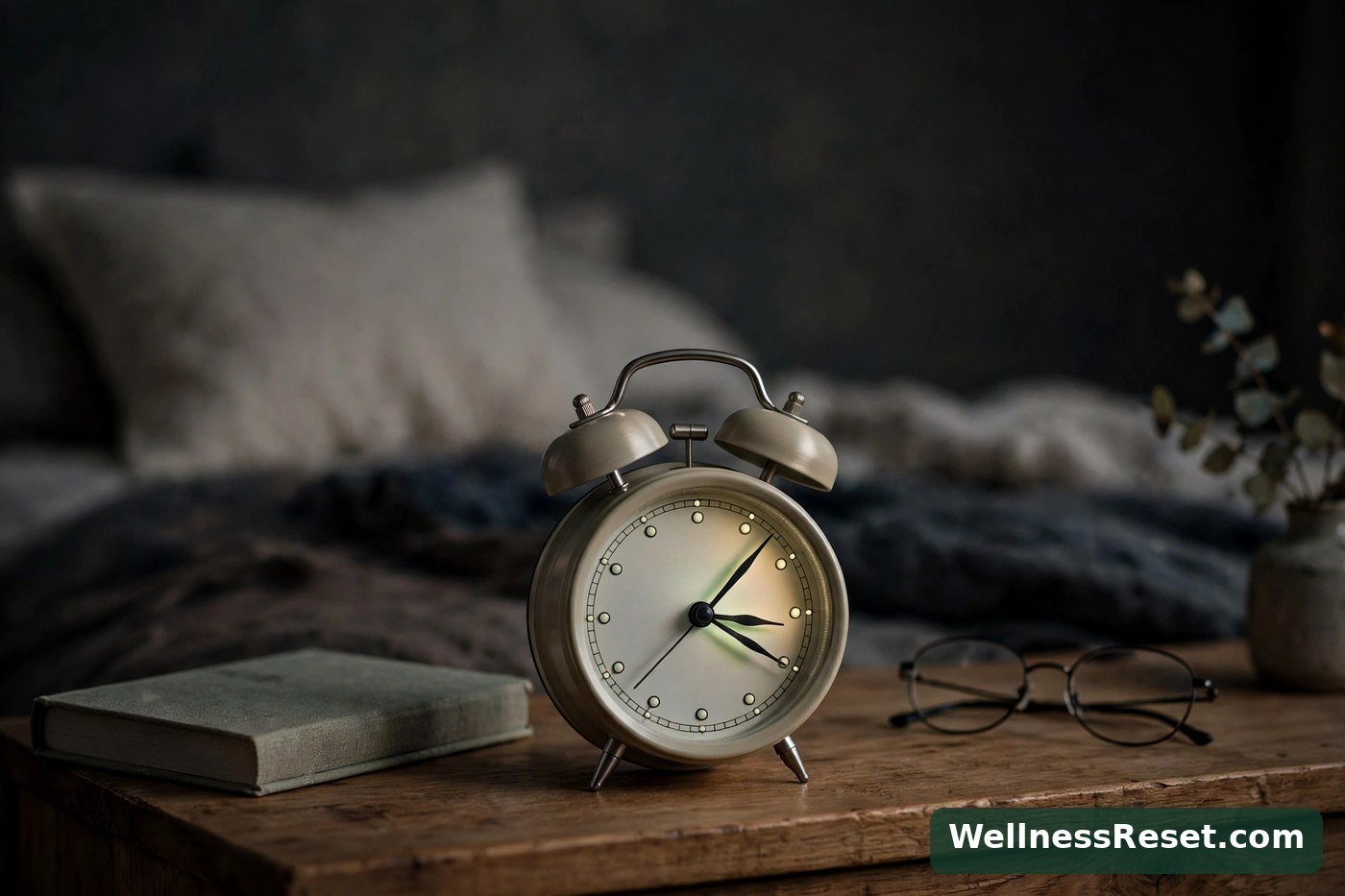 Bedside alarm clock showing 3:07 AM in a dark bedroom — Wellness Reset