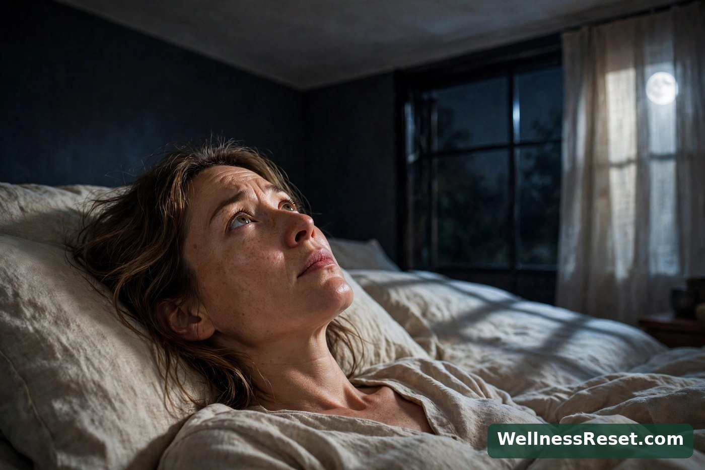Woman lying awake in a dark bedroom at night — Wellness Reset