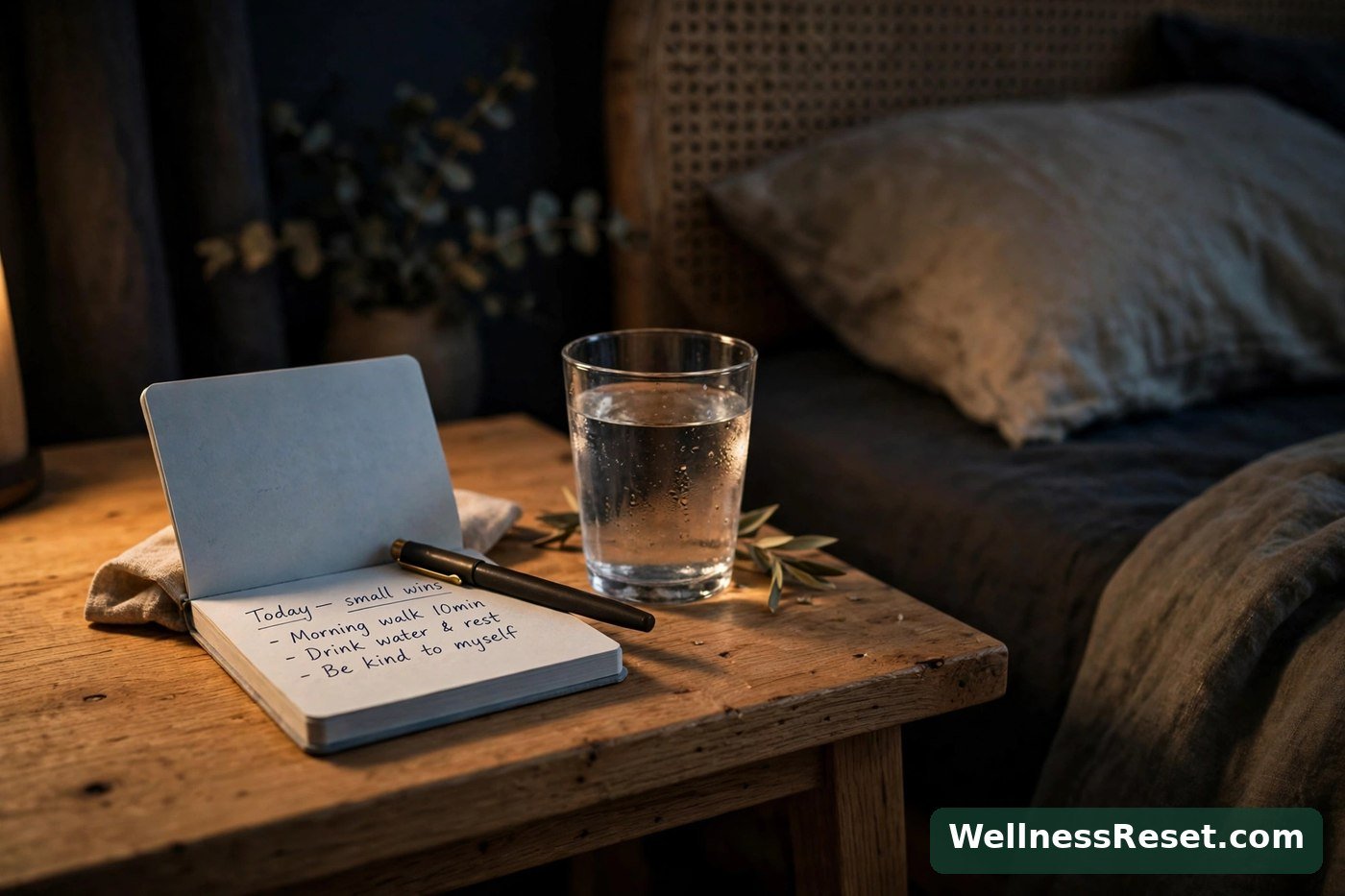 Notepad and pen on a bedside table at night — Wellness Reset