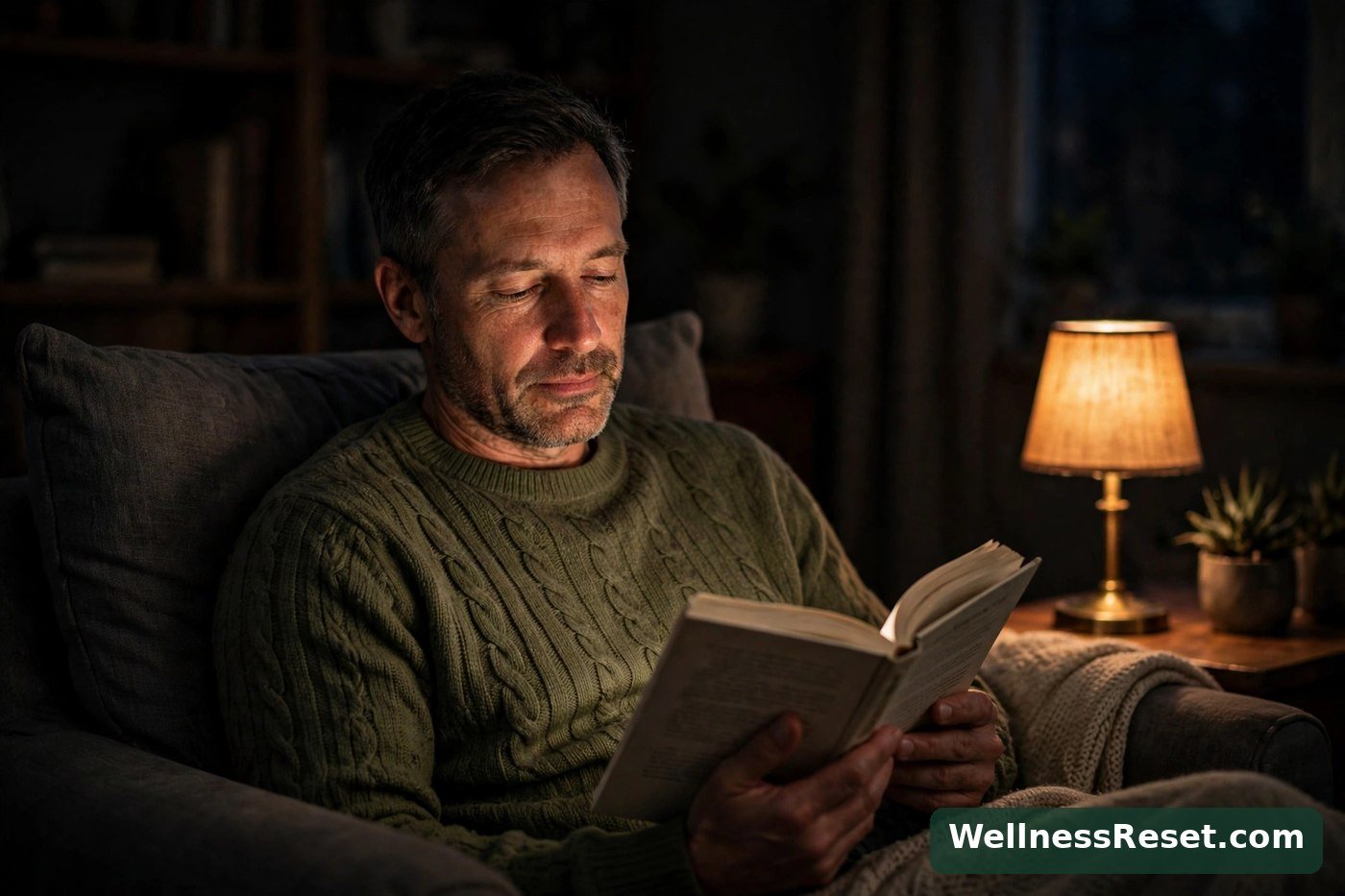 Man reading a book in a dim chair at night — Wellness Reset