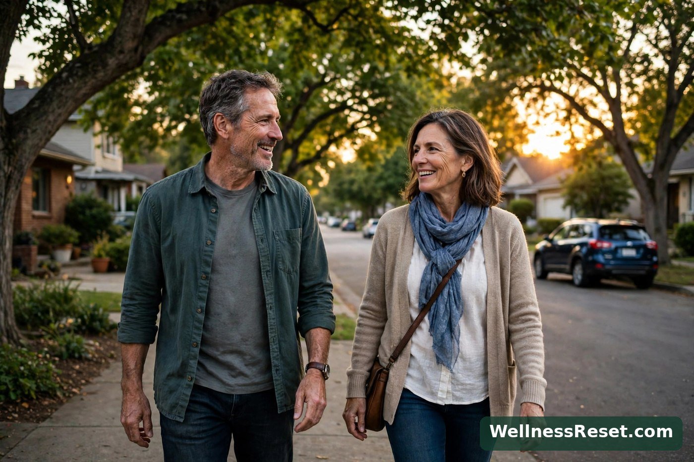 Couple walking together after dinner in warm evening light — Wellness Reset