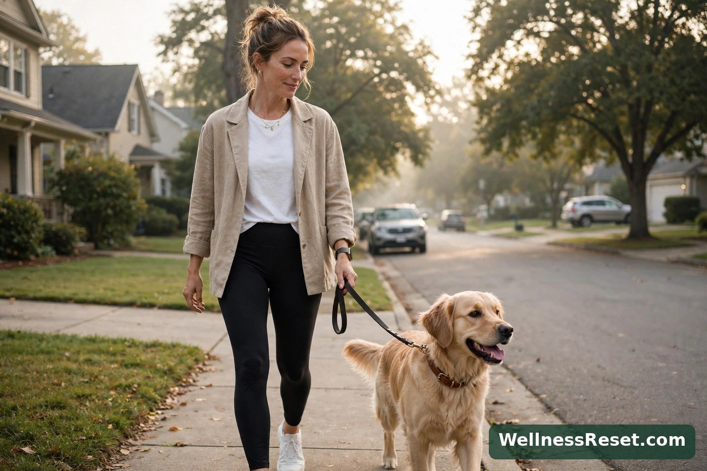 Woman walking her dog on a suburban street in the morning — Wellness Reset