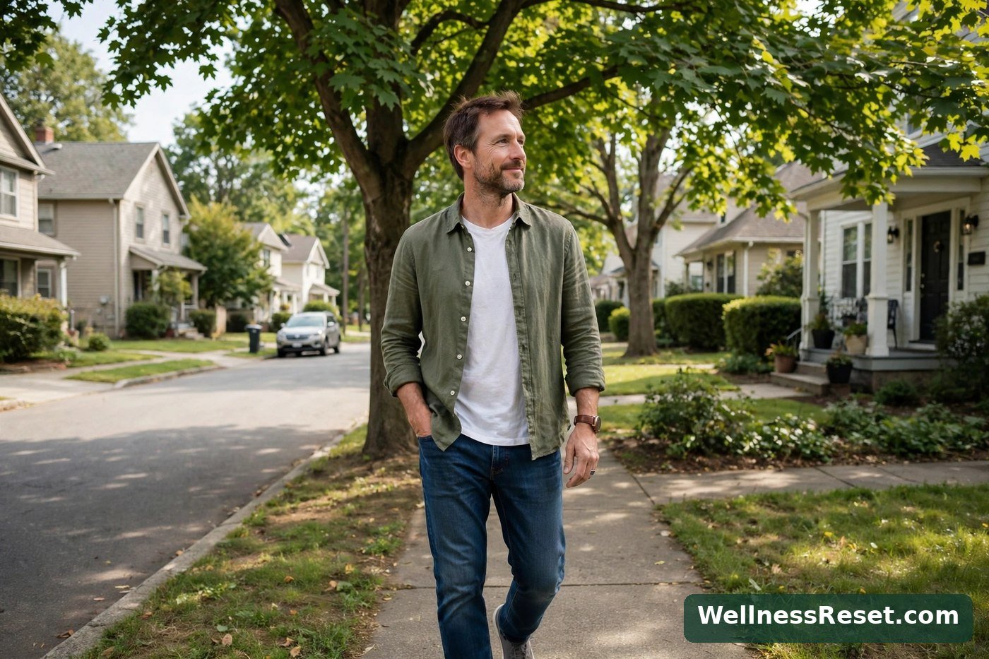 Man taking a leisurely walk on a quiet residential street after a meal — Wellness Reset