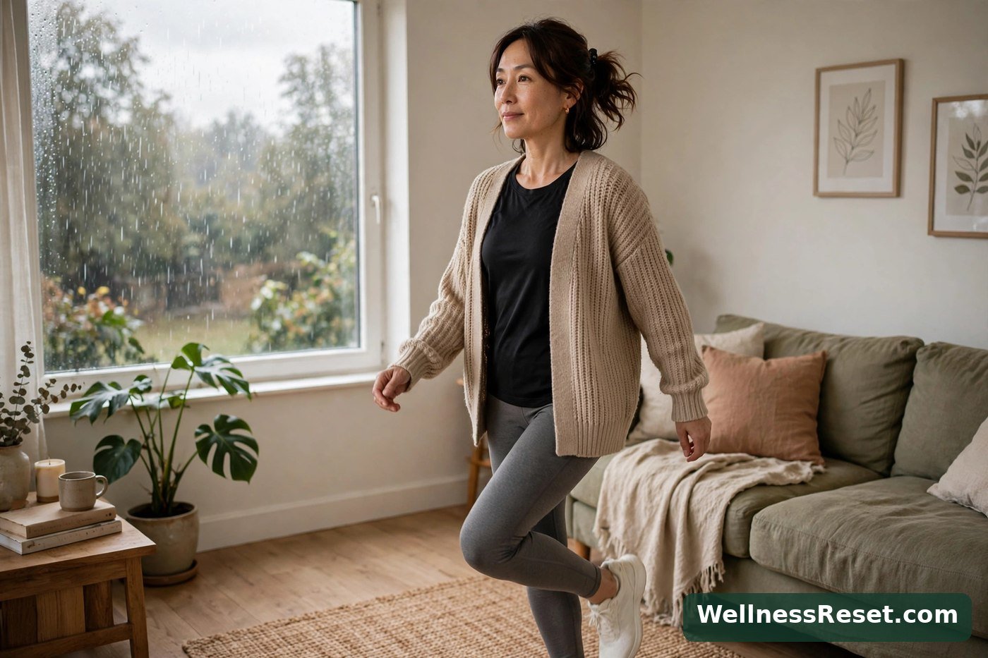 Woman marching in place indoors on a rainy day — Wellness Reset